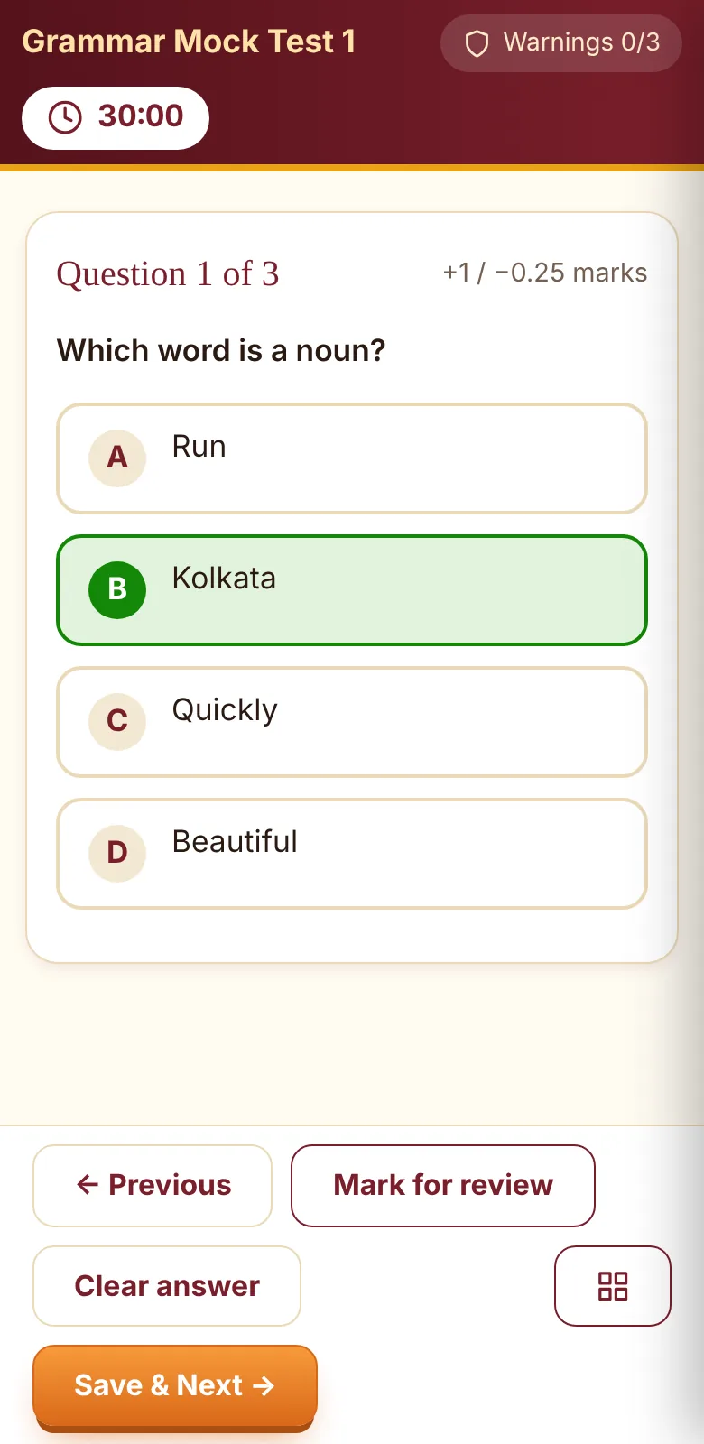Online exam screen